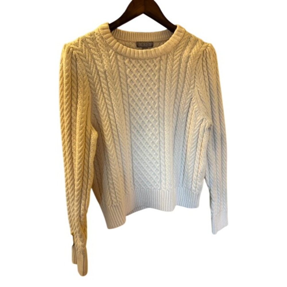 J.Crew Ivory Cream Cable Knit Cotton Puff Shoulder Sweater Large